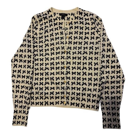 J Crew Jackie Bow Print 100% Merino Cardigan w/ Gold Buttons Medium - Picture 3 of 16